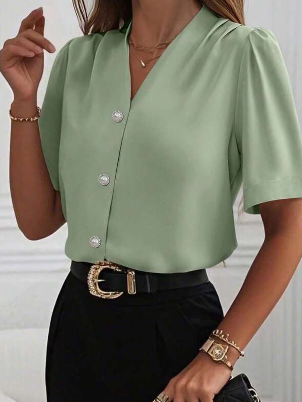Classic Satin Button-Front Women’s Top in Light Gray